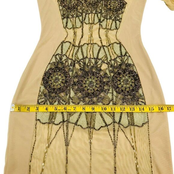 Kora Rae Mesh Beaded Dress Size M Beige Mini Bodycon Long Sleeve Embellished - Picture 14 of 16
